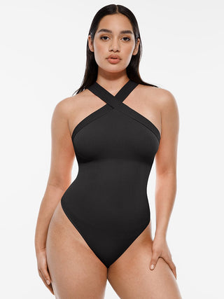 Body de tanga con cuello halter cruzado